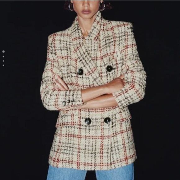 Zara Long Sleeve Double Breasted Woven Lined Blazer Front Flap Pockets Medium - Picture 1 of 16